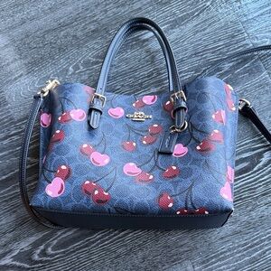 Coach Navy Cherry Print Mollie bag with Pink & Red Accents